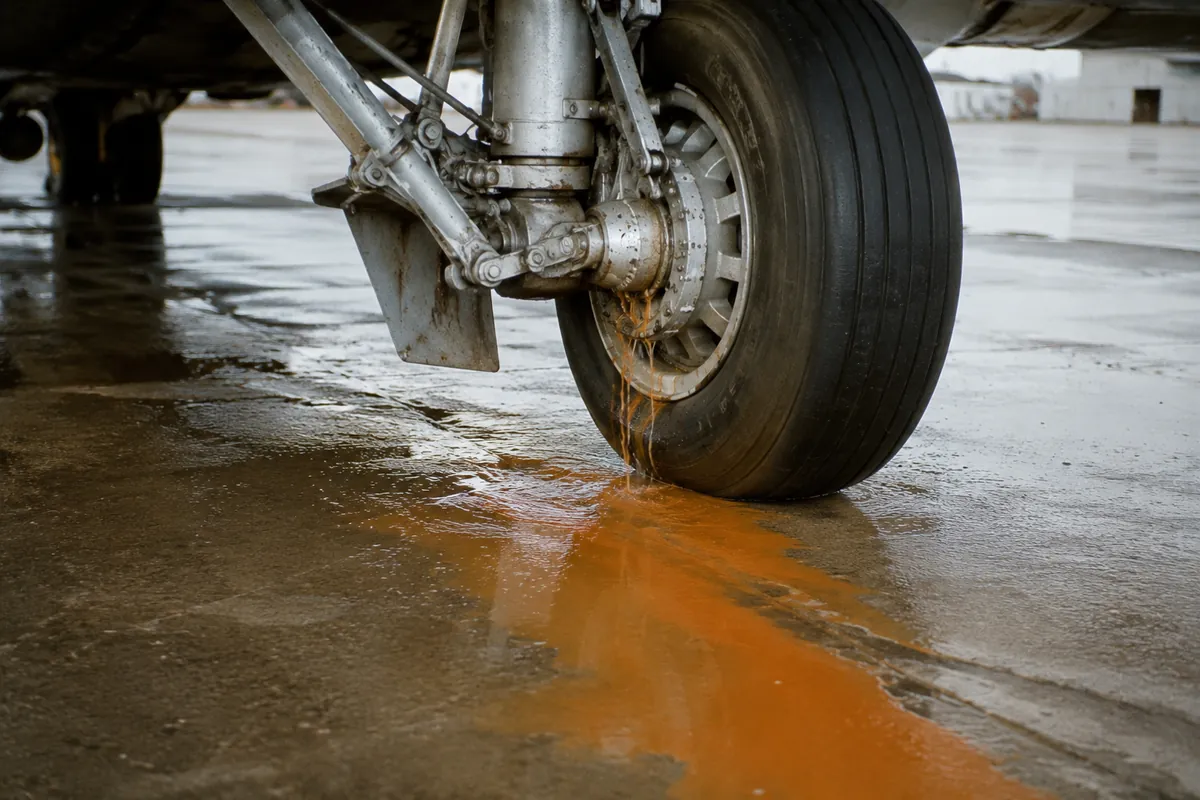 Orange chemical residue pooling on the ground beneath an aircraft landing gear and tire