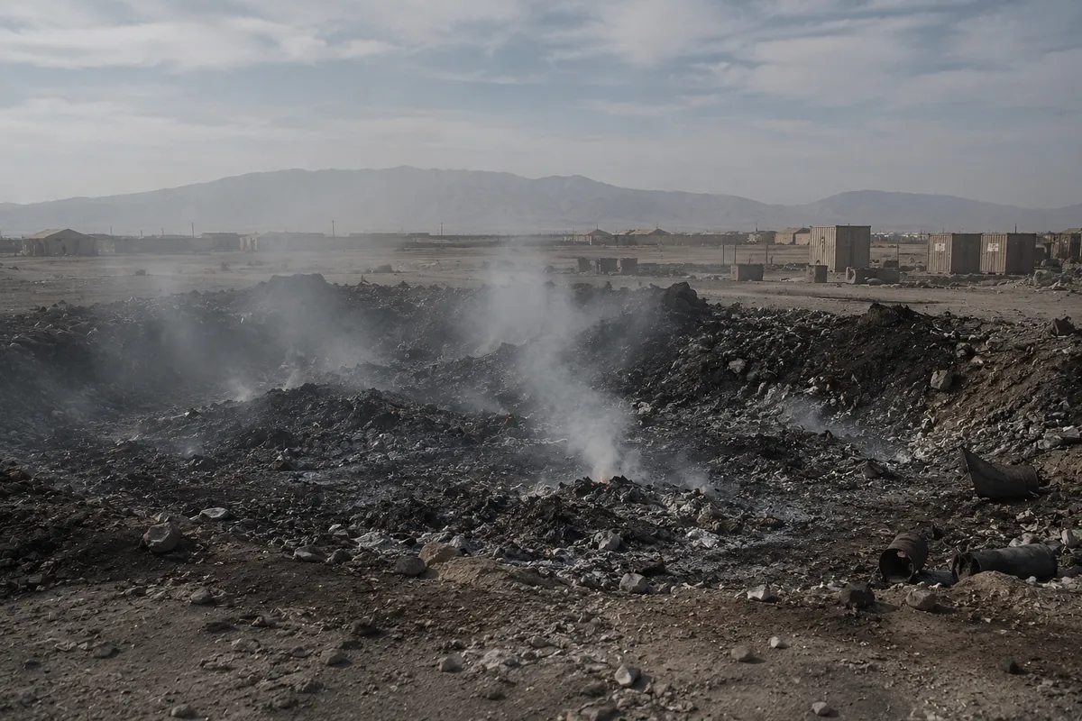 A smoldering military burn pit releasing smoke near a base, with mountains in the distance