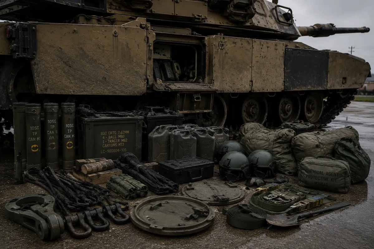 Combat gear, ammunition, and tools laid out in front of an M1A1 Abrams tank