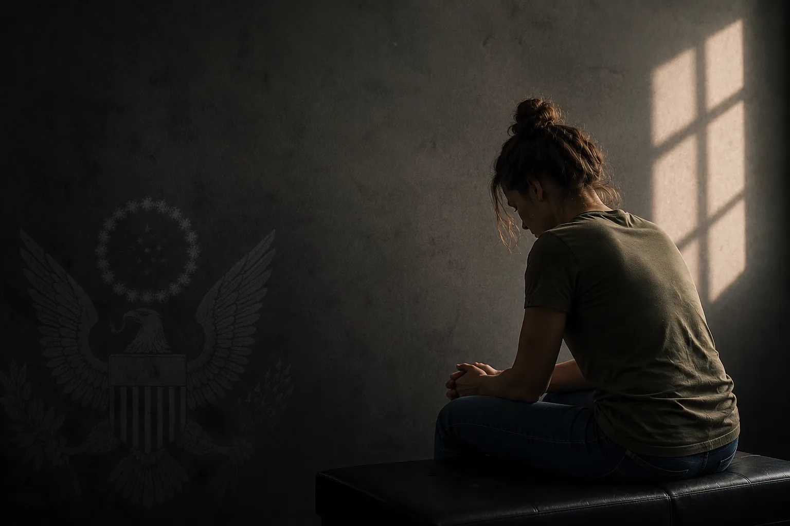 A veteran sits alone in a dim room, turned toward a window, a faded U.S. seal on the wall behind her